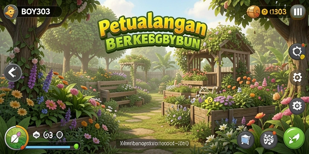 Tangkapan layar menunjukkan gameplay seru dan interaksi berkebun di BOY303.