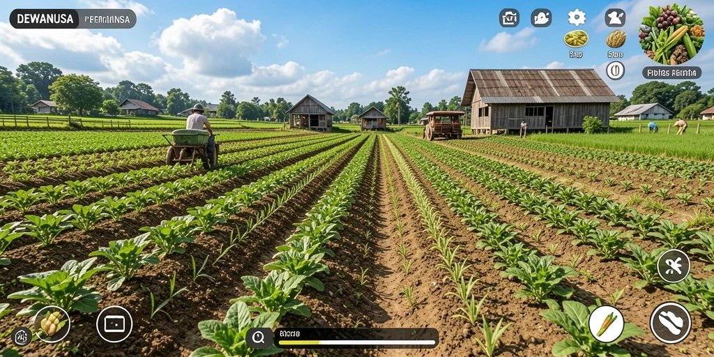 Screenshot gameplay DEWANUSA dengan ladang pertanian yang subur dan hewan ternak.
