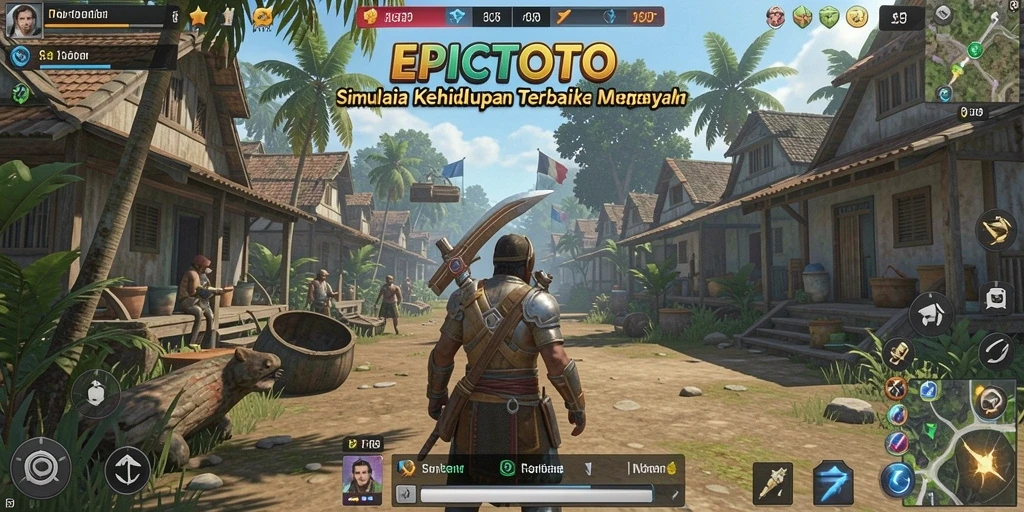 Screenshot utama EPICTOTO menunjukkan karakter berinteraksi dalam dunia simulasi.