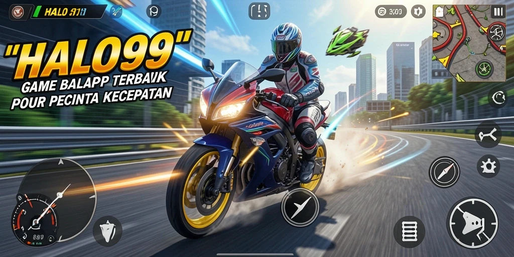 Tampilan screenshot gameplay <strong>HALO99</strong> yang menunjukkan aksi balap motor yang mendebarkan.