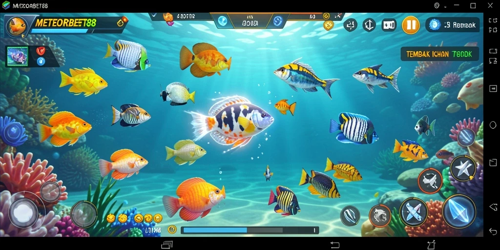 Tangkapan layar gameplay seru di METEORBET88 yang menunjukkan aksi menembak ikan.