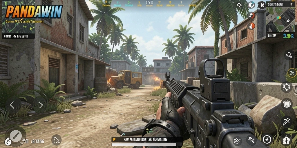 Tampilan gameplay seru dari PANDAWIN saat aksi tembak-menembak berlangsung.